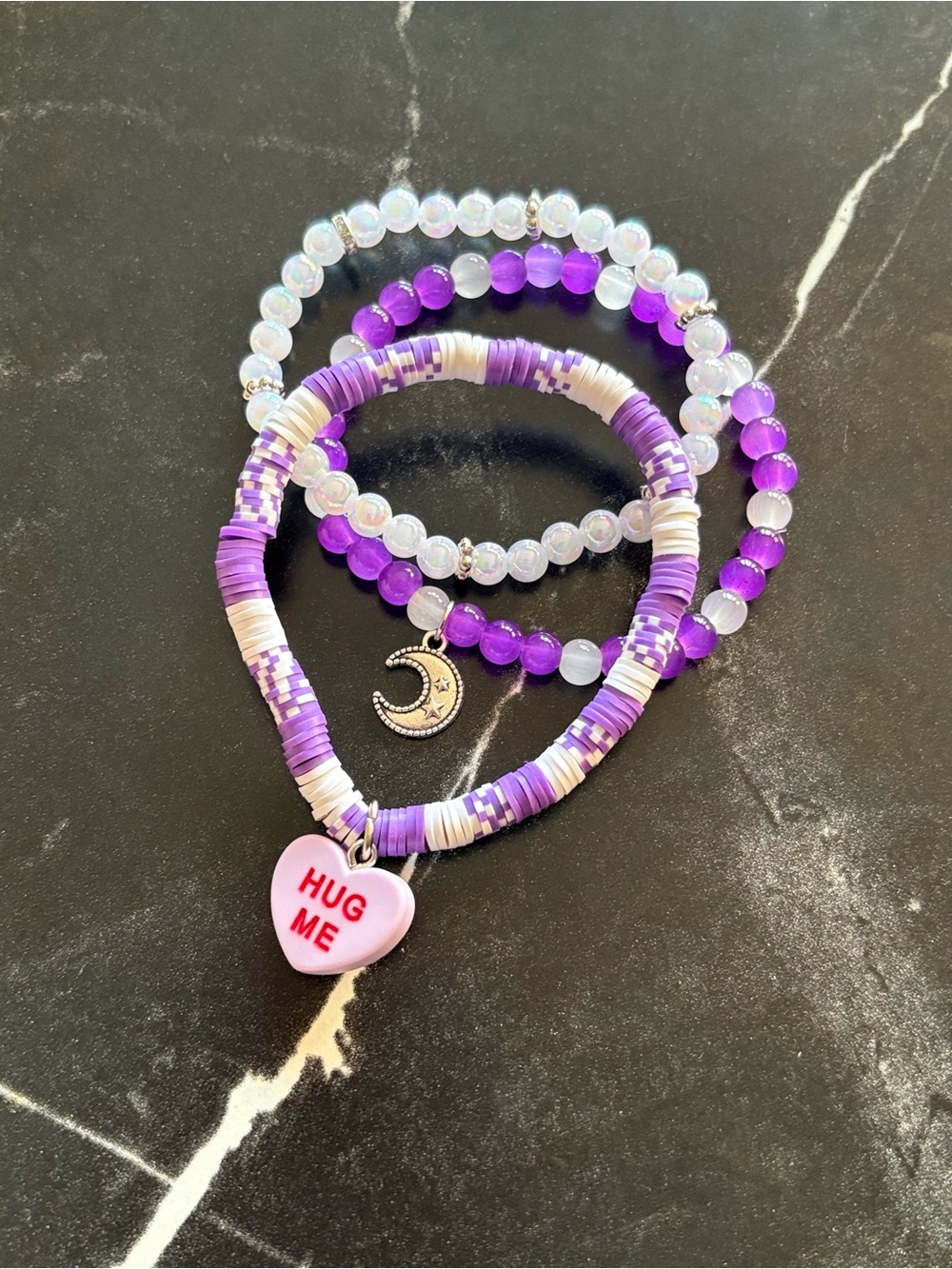 3 Handmade Purple Bead Bracelet Set with Heart & Moon Charms